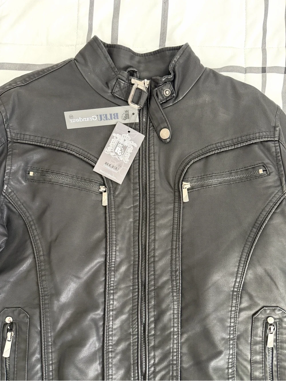Classic Black Faux Leather Biker Jacket with Buckle Collar